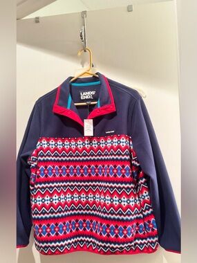 Lands' End Navy Red Patterned Fleece Quarter-Zip Pullover NWT